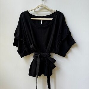 Free People Short-Sleeve Black Sweatshirt with Waist Tie SZ S